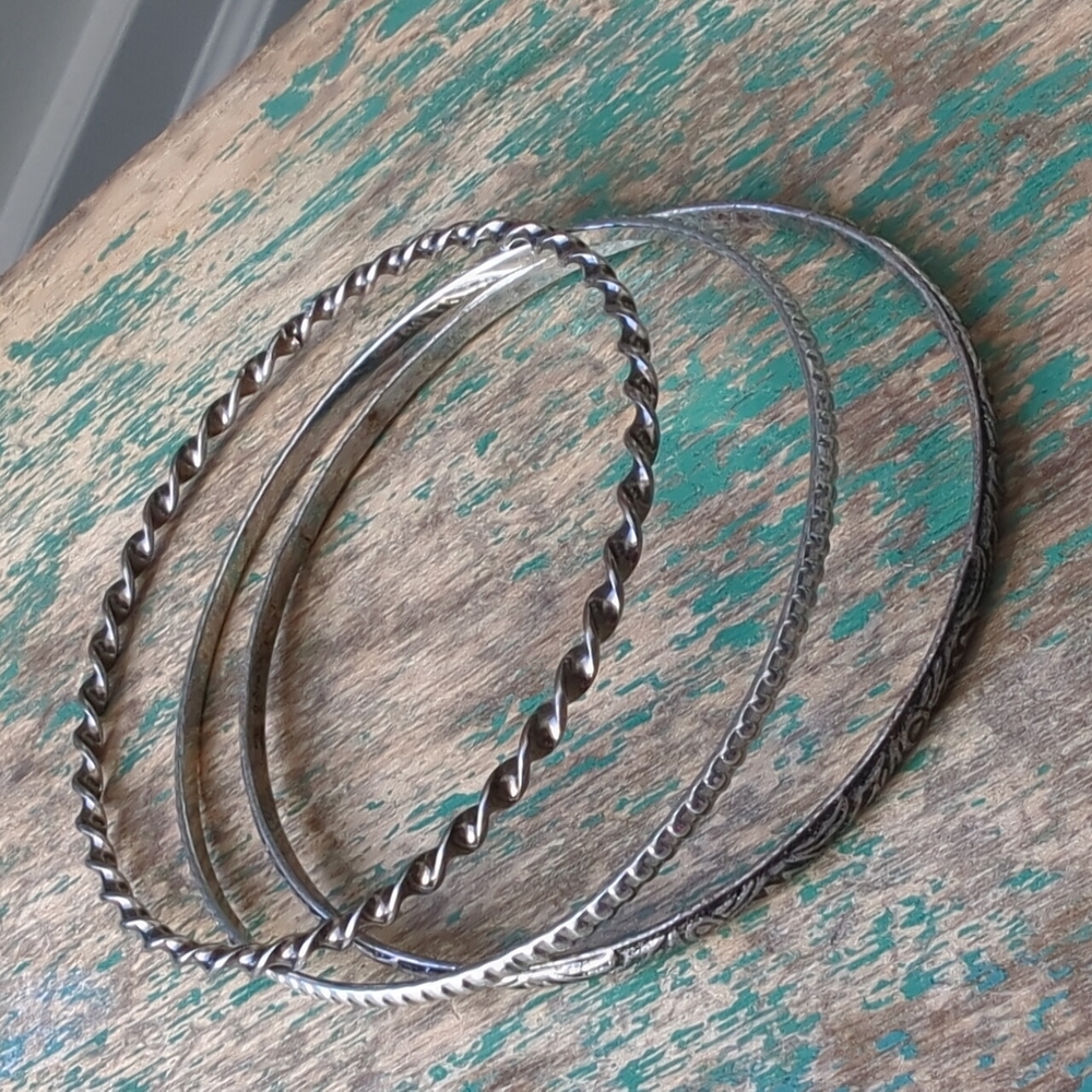 Vintage Boho Bohemian Western Silver-Tone Metal Bangle Bracelet Trio Set - Picture 3 of 8